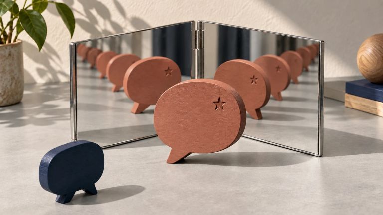 Une bulle de parole en terre cuite portant une étoile se répète dans deux miroirs, à côté d’une bulle bleu nuit indépendante, sur une surface gris pierre.