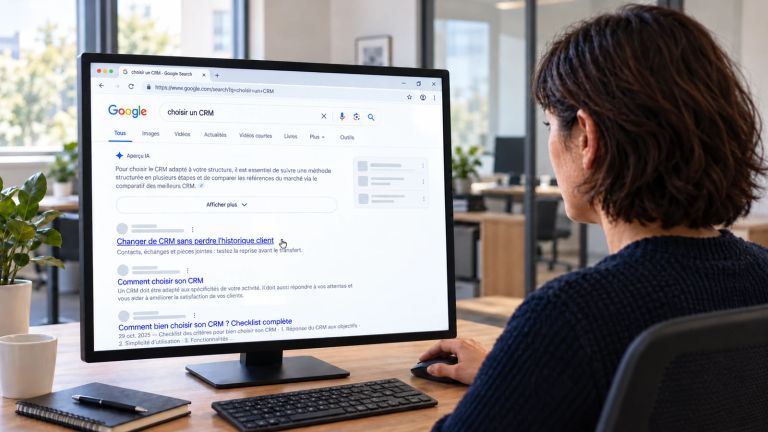 Montage de résultats Google sur un écran : les sources sont anonymisées et le curseur vise le premier lien, Changer de CRM sans perdre l’historique client.