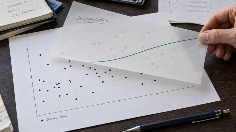 Une main soulève un calque portant une courbe régulière au-dessus des points dispersés d’un graphique d’observations.