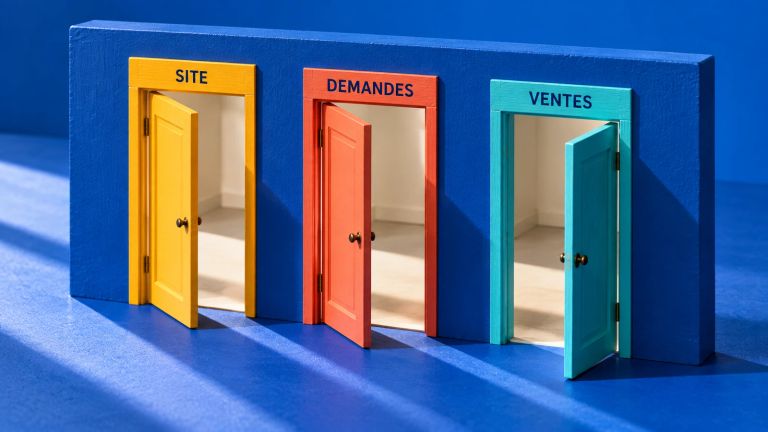 Trois portes entrouvertes, jaune, corail et turquoise, portent les mots « Site », « Demandes » et « Ventes » sur une maquette bleue.