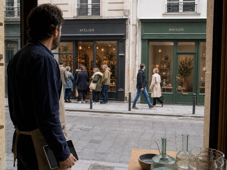 Visiteur comparant deux offres concurrentes dans un marché en mouvement