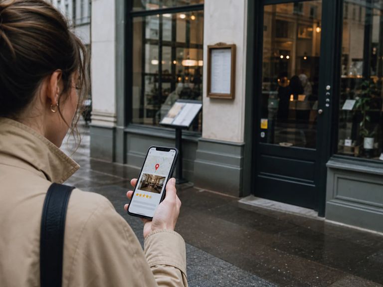 Personne consultant une fiche locale sur son téléphone devant un établissement