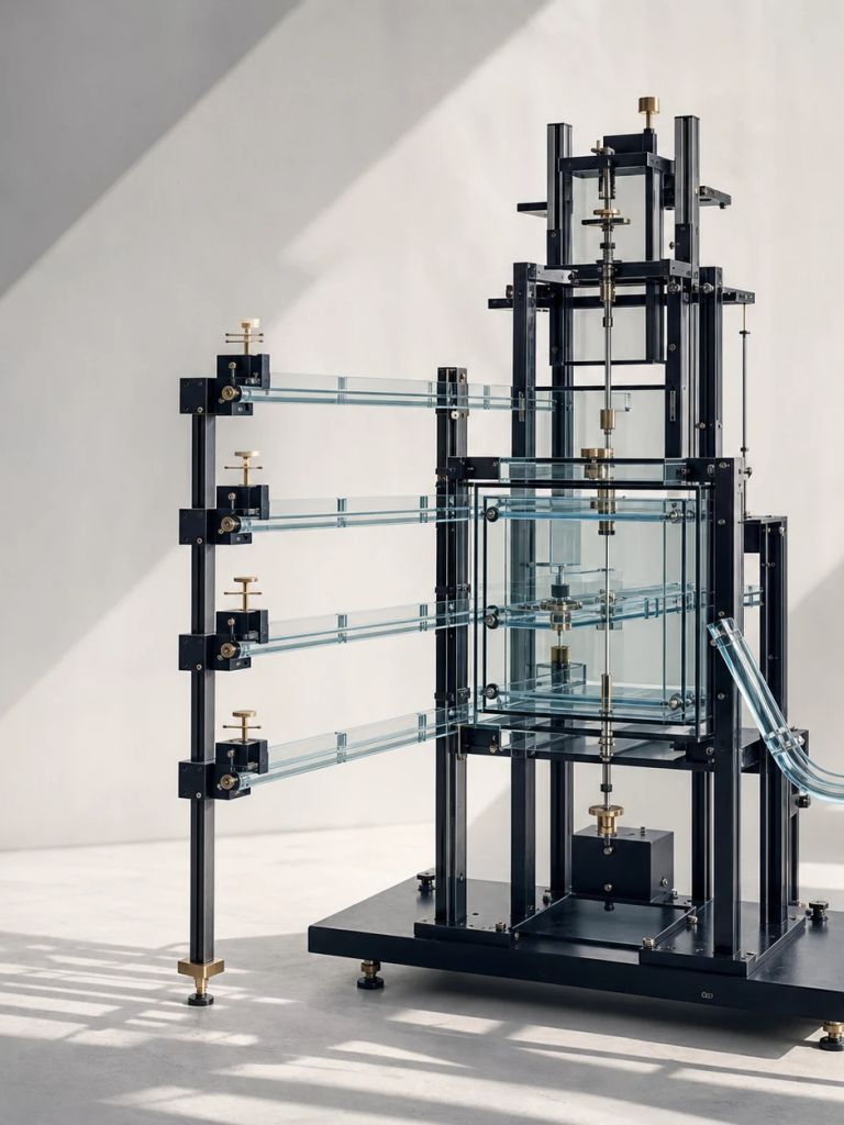 Instrument expérimental composé de rails métalliques, de plans de verre et de repères de mesure