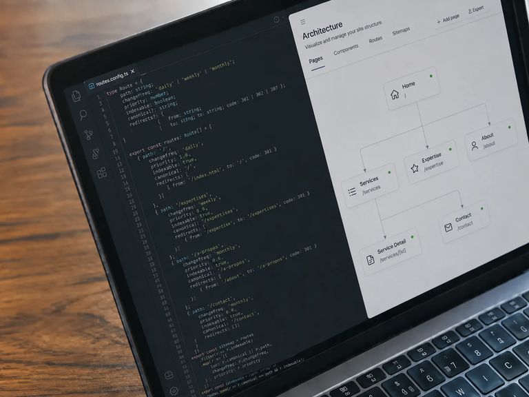 Code technique et arborescence d'un site contrôlés côte à côte sur un écran de travail